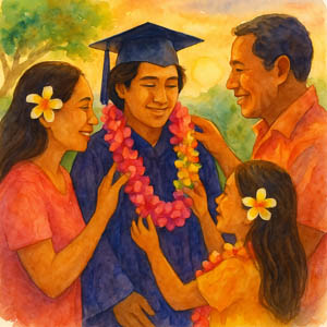 Aloha watercolor of family ohana giving lei at graduation