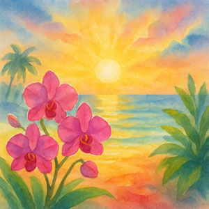 Square watercolor in Daily Celebrations style — bright sunrise over ocean with tropical blooms, hopeful light