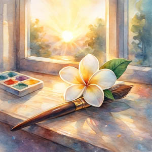 Watercolor of plumeria and paintbrush, luminous, sunrise-soft, full of beginnings and promise, symbols of Leialoha's originality.