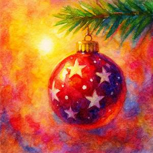 Watercolor of a glowing Christmas ornament catching warm light