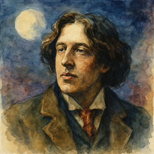 Watercolor portrait of Oscar Wilde in soft moonlit tones, poised and luminous