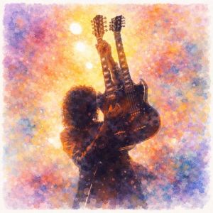 Watercolor silhouette of a guitarist lifting a double-neck electric guitar in radiant golden and rainbow light