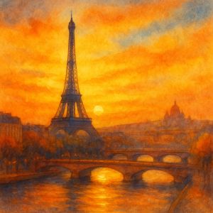 Watercolor of Paris at dusk with the Eiffel Tower and bridges glowing above the Seine