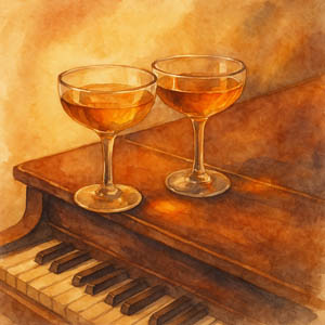 Watercolor of two glasses on a piano in warm light