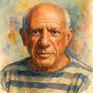 Watercolor portrait of Pablo Picasso — expressive eyes, creative calm, and vibrant light