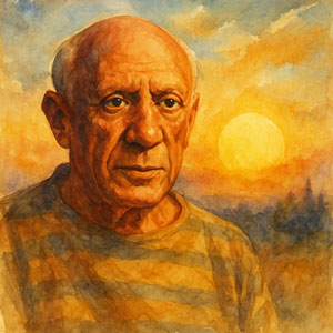 Pablo Picasso — watercolor portrait with sunrise glow
