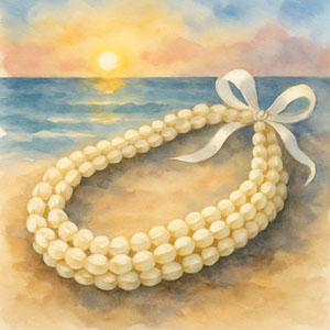 Square watercolor in Daily Celebrations style — delicate triple pikake lei on the shoreline at dawn, symbol of new beginnings