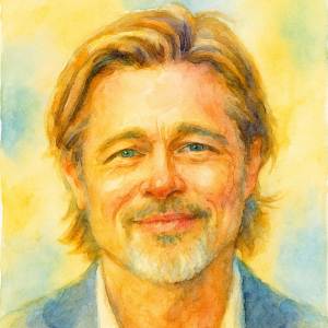 Watercolor portrait of Brad Pitt in warm, golden tones