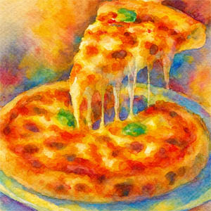 Radiant watercolor of a colorful pizza on a bright plate