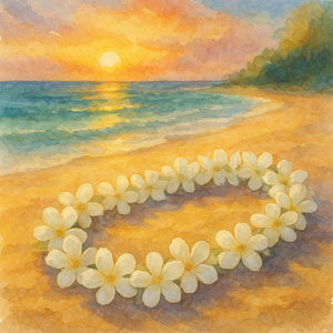 Square watercolor in Daily Celebrations style — delicate plumeria lei resting by the sea at dawn, symbol of renewal and beginnings