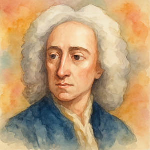Watercolor portrait of Alexander Pope with white curls, blue coat, and thoughtful gaze, set against a soft, warm wash.