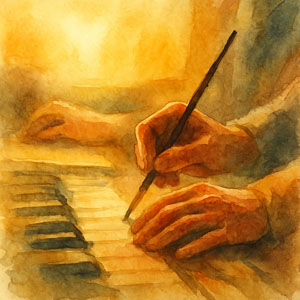 Square watercolor evoking practice — warm morning light over hands at work, purpose in motion