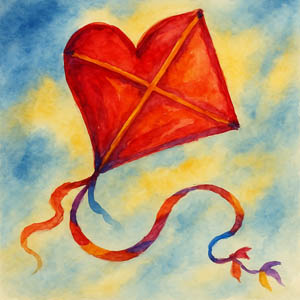 Symbolic watercolor of spirit rising like a kite