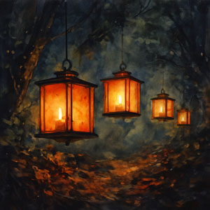 Square watercolor of lanterns glowing in the dark
