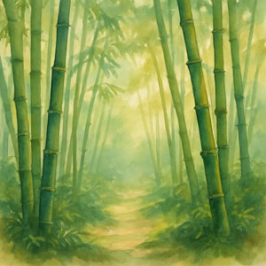 Square watercolor suggesting quiet — soft dawn light over a bamboo grove