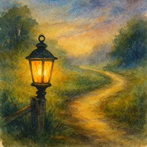 Watercolor-style image lantern lighting a winding path.