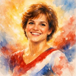 Watercolor portrait of Mary Lou Retton, joyful and determined