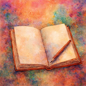 Watercolor of an open journal with soft flowing colors