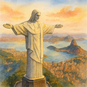 Christ the Redeemer overlooking Rio de Janeiro from Corcovado, open arms over the city and sea