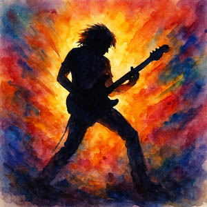 Watercolor of Silhouette Guitarist in Motion