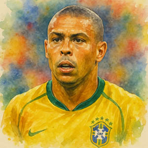 Watercolor portrait of Ronaldo, Brazilian soccer star