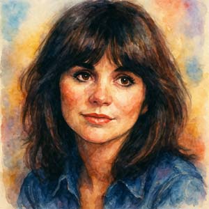 Watercolor portrait of Linda Ronstadt with flowing dark hair and a gentle expression