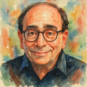 Watercolor portrait of R. L. Stine — gentle smile, round glasses, radiant Daily Celebrations style