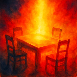 Square watercolor in Daily Celebrations style — glowing table with gentle light and open seats, a feeling of offering and welcome