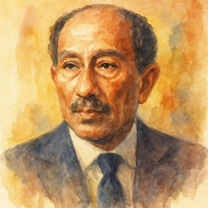 Watercolor portrait of Anwar Sadat in warm, dignified light, reflecting resolve and hope