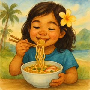 Bowl of Hawaiian saimin with chopsticks and a happy child nearby