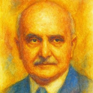 Watercolor portrait of George Santayana, gentle-eyed philosopher, in warm golden and blue tones