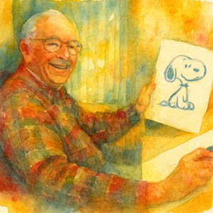 Watercolor portrait of Charles M. Schulz holding a Snoopy drawing