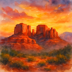 Watercolor of Sedona Red Rocks, Ablaze in crimson and magic