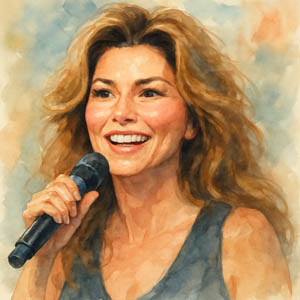 Shania Twain smiling with microphone in hand, blending pop and country music