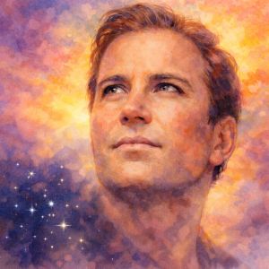 Watercolor portrait of William Shatner as Captain James T. Kirk with a radiant cosmic sky