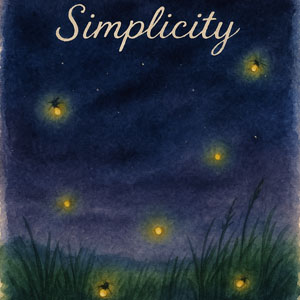 Square watercolor in Daily Celebrations style — night sky with gentle fireflies, quiet simplicity