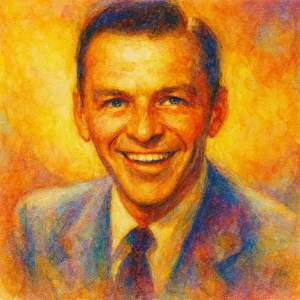 Watercolor portrait of Frank Sinatra smiling in warm golden light.