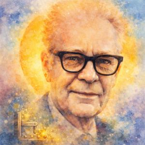 Watercolor portrait of behavioral psychologist B. F. Skinner with glowing halo and symbolic lever and sparkles representing discovery and learning