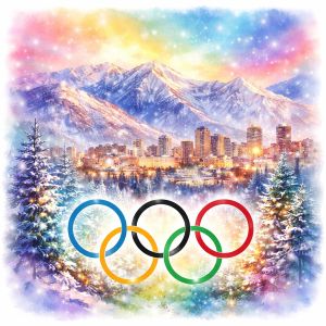 Radiant watercolor of Salt Lake City with snowy mountains and glowing Olympic rings in the foreground