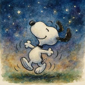 Schulz's Snoopy dancing under the stars pure joy