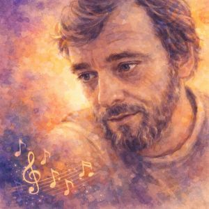 Daily Celebrations watercolor portrait of Stephen Sondheim with floating musical notes