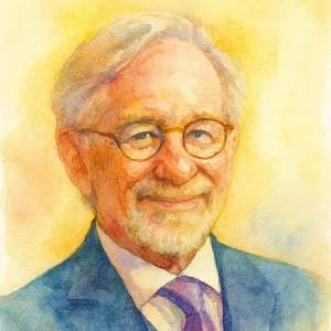Watercolor portrait of Steven Spielberg in soft cinematic tones