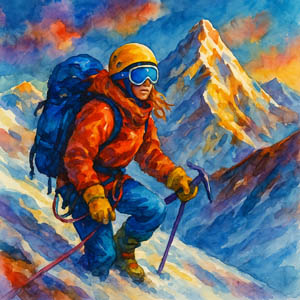 Square watercolor of a female mountaineer reaching a snowy summit — Daily Celebrations style, no words