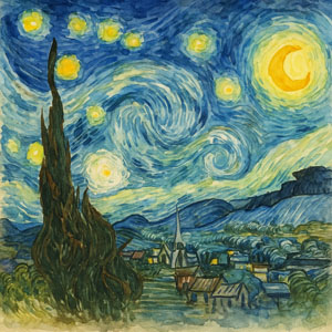 Van Gogh’s The Starry Night, swirling sky and bright moon above a quiet village