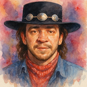 Radiant watercolor painting of musician Stevie Ray Vaughan, expressive and colorful