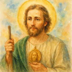 Watercolor portrait of St. Jude Thaddeus — radiant, compassionate, and steadfast