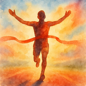 Watercolor crossing the finish line with warm sunrise tones