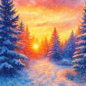 Colorful Christmas trees glowing with warm sunlight and a rising sun