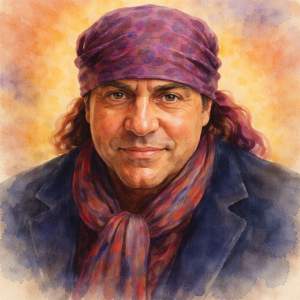 Watercolor portrait of Steven Van Zandt in warm golden light