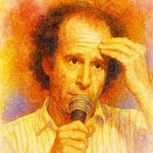 Steven Wright portrait, painted in soft watercolor with his signature deadpan presence